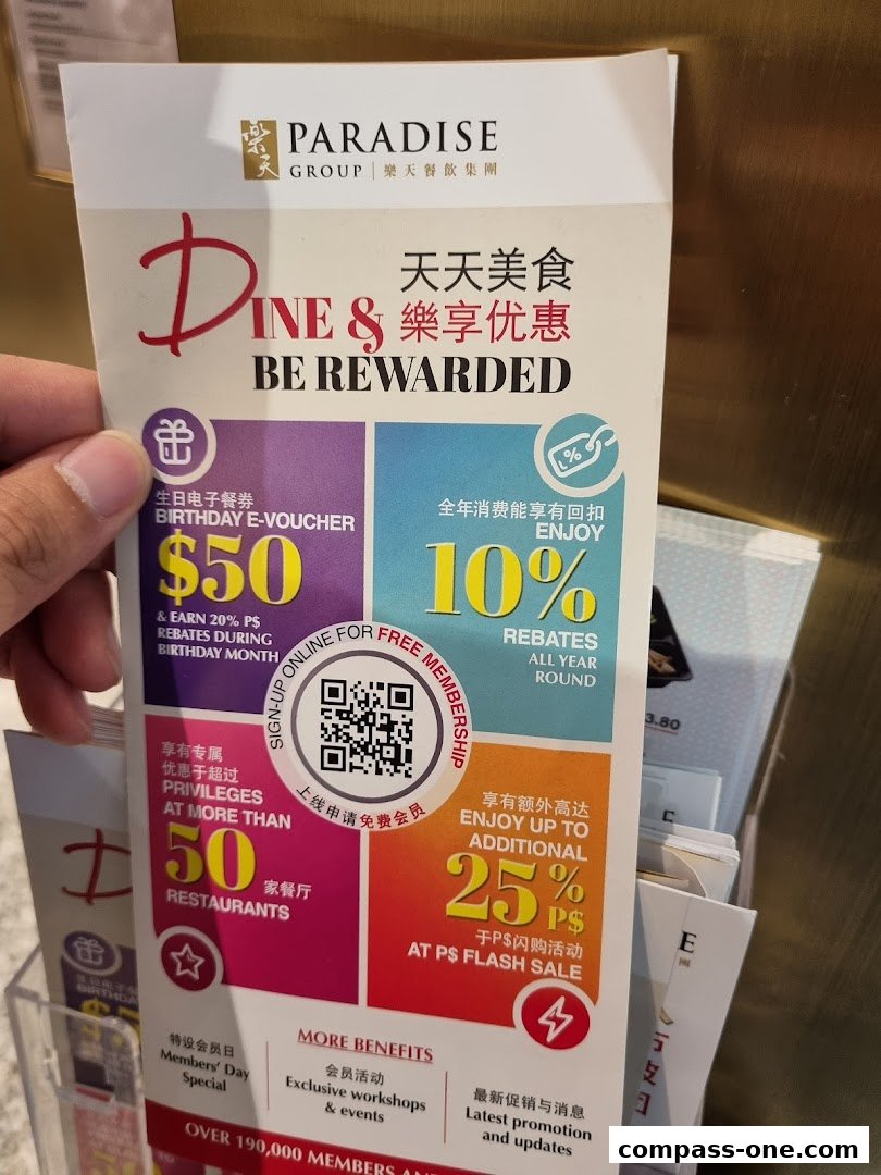 A flyer detailing rewards and benefits for Paradise Group members.