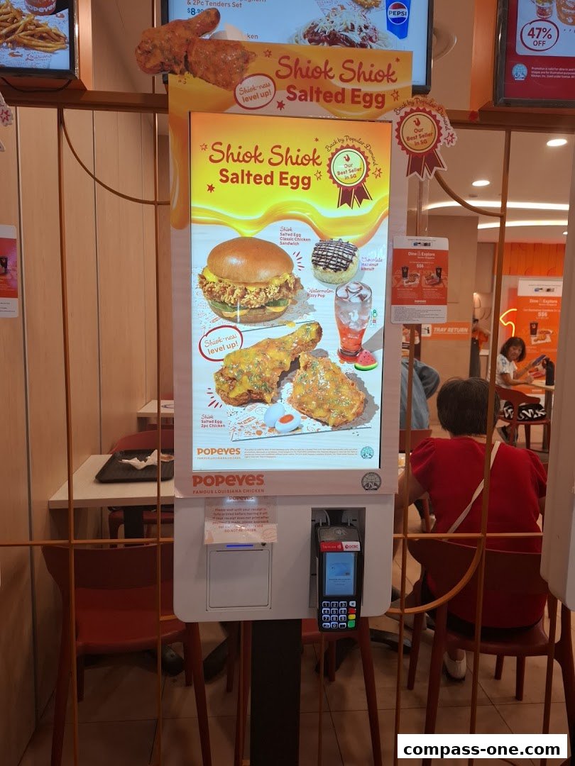 A digital menu screen at Popeyes showcasing their Shiok Shiok Salted Egg chicken.