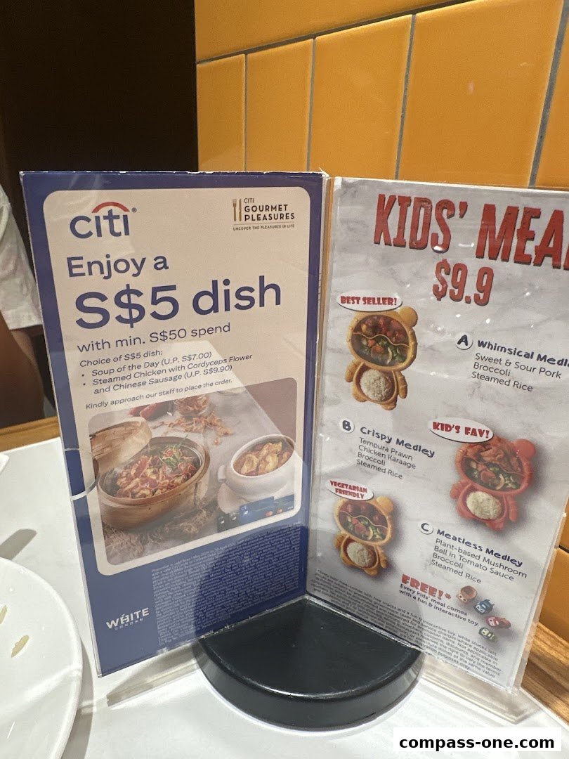 A menu display featuring a Citi promotion and kids' meal options.