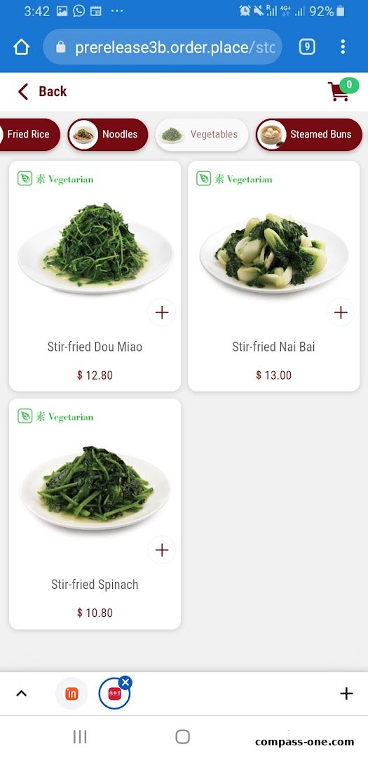 A mobile screen displaying a menu of vegetarian dishes from Din Tai Fung.