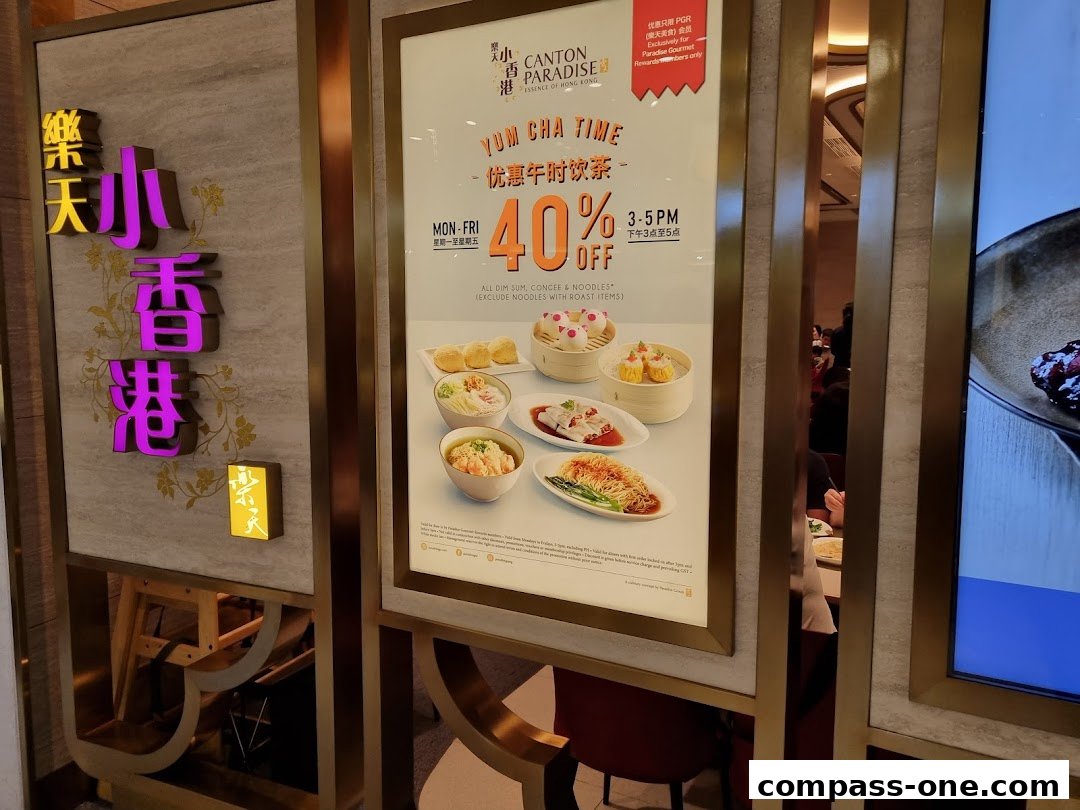 A promotional poster for Canton Paradise offering 40% off Yum Cha Time.