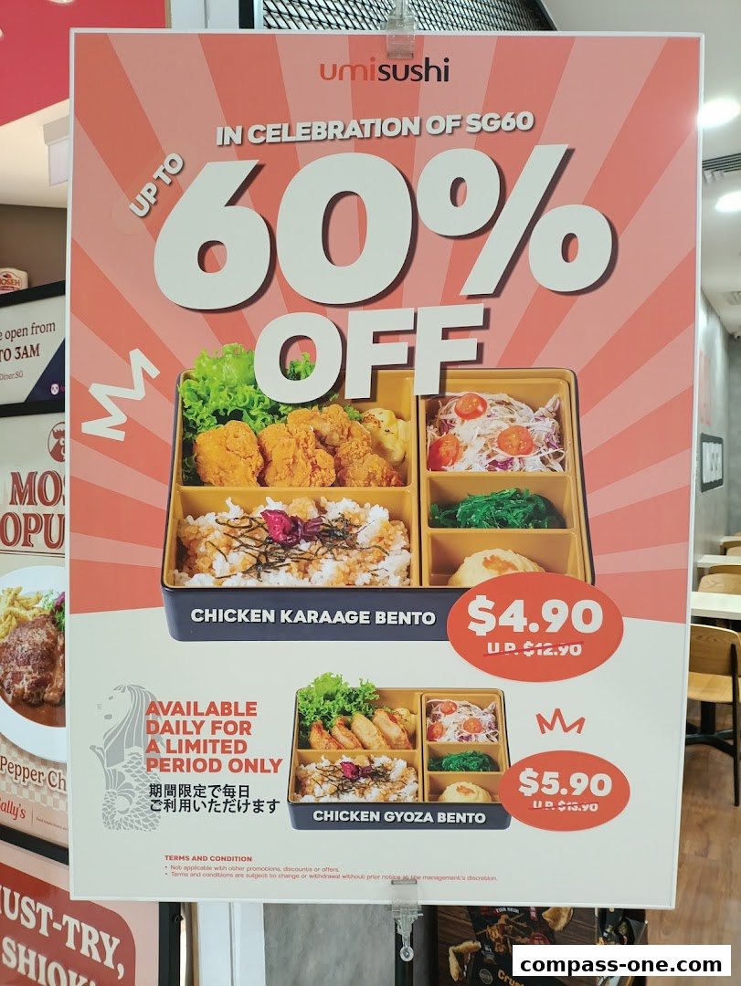 A promotional poster for Umisushi featuring bento boxes with a 'Up to 60% Off' offer.