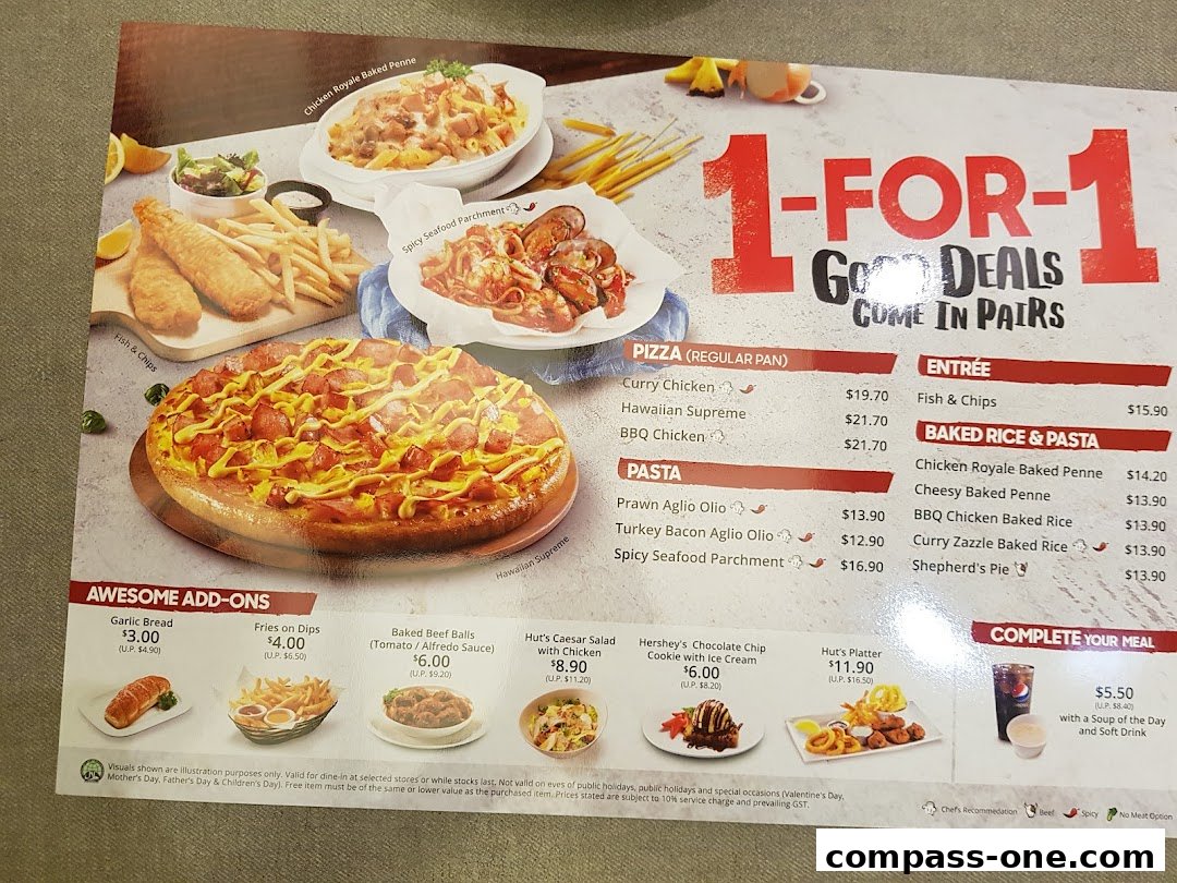 A Pizza Hut menu featuring 1-for-1 deals on pizzas, pasta, entrees, and add-ons.
