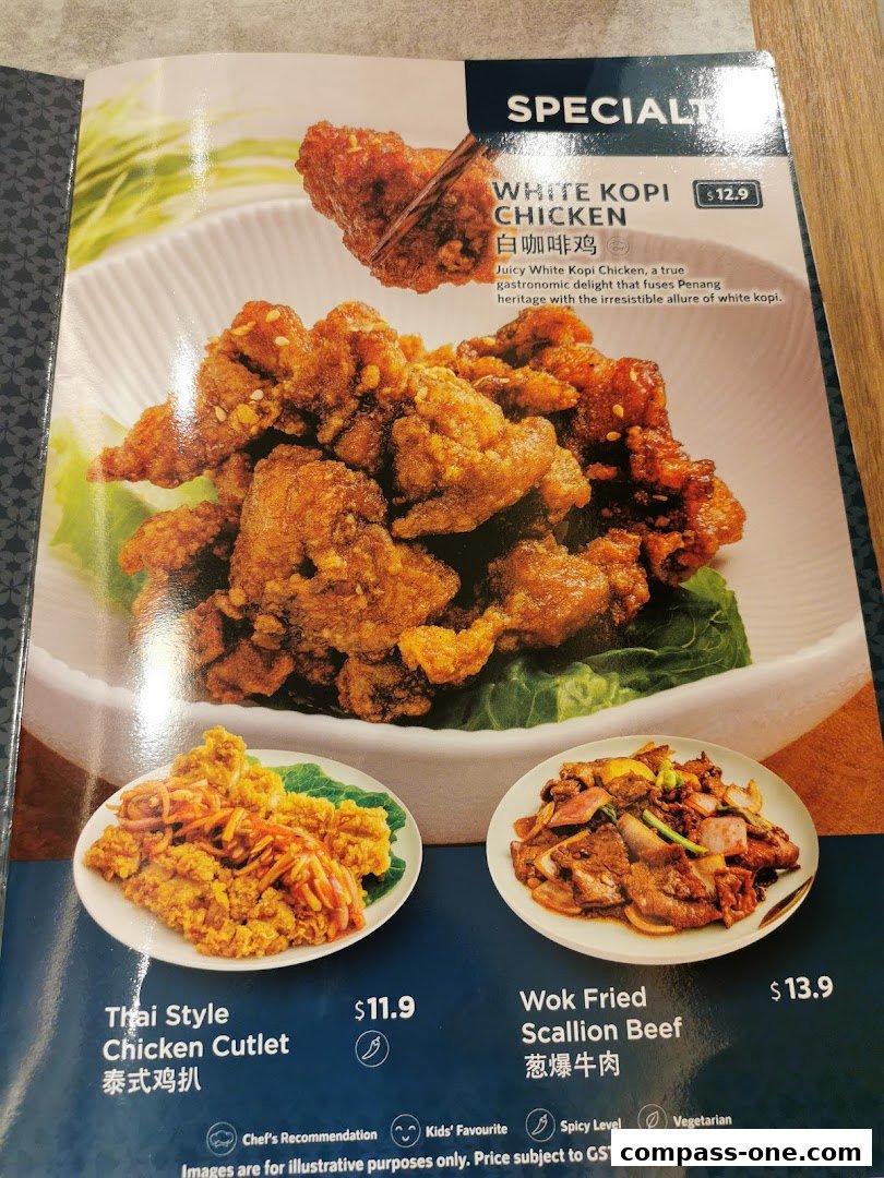 A menu page showcasing three popular dishes from Penang Culture, including White Kopi Chicken.