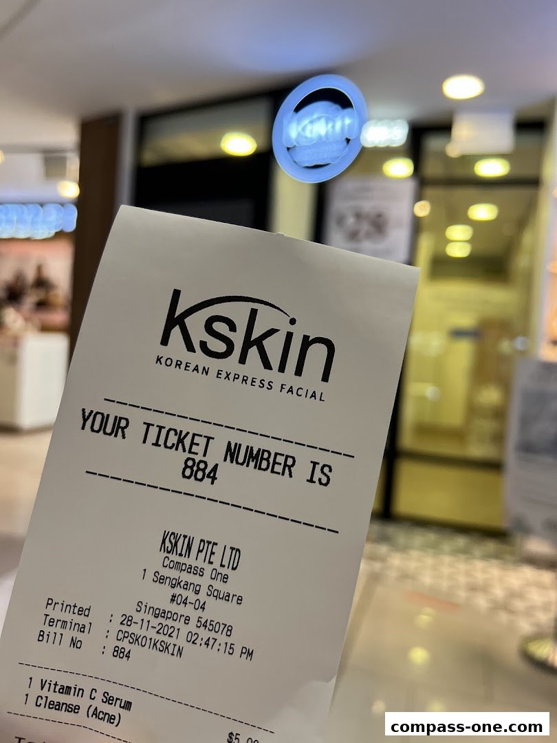 A receipt from Kskin Korean Express Facial showing a ticket number and purchased items.