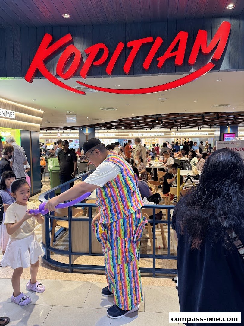 A balloon artist entertains a child in front of a busy food court with a large 'Kopitiam' sign.
