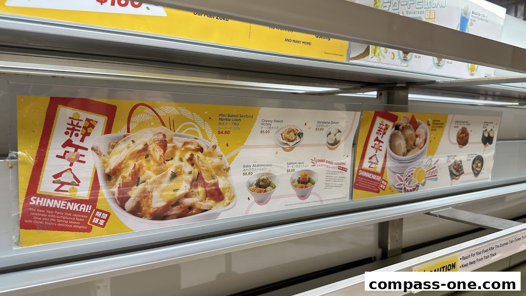 A display of Japanese dishes with prices and descriptions, featuring a large image of a baked dish.