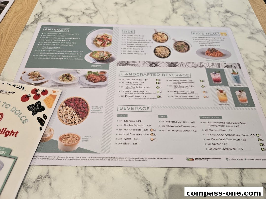 A menu from Mamma Mia Trattoria E Caffè featuring antipasti, sides, kids' meals, beverages, and bottled drinks.