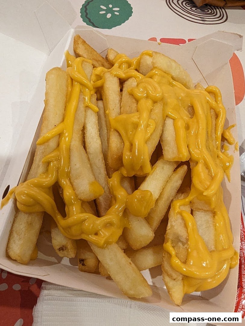 A close-up shot of Burger King's cheese fries, generously topped with melted cheese.