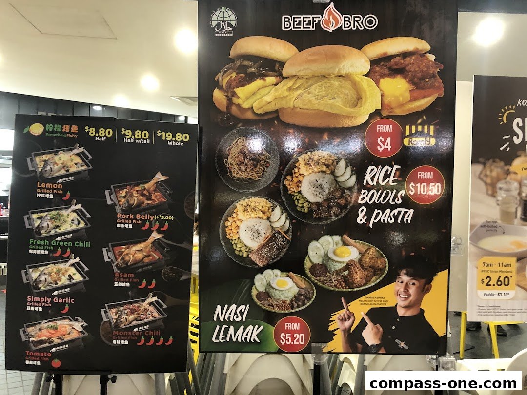 A menu board displaying various grilled fish dishes and rice bowls/pasta from Beef Bro.