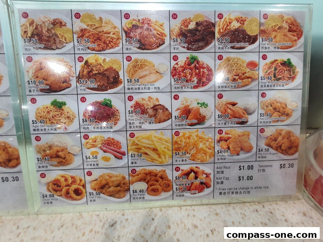 A menu board displaying various food items with prices and images.