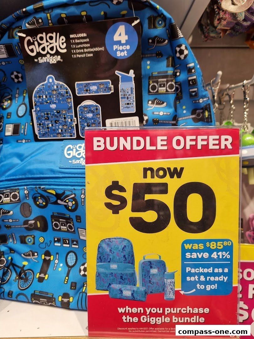 A Smiggle bundle offer featuring a blue backpack, lunchbox, drink bottle, and pencil case.