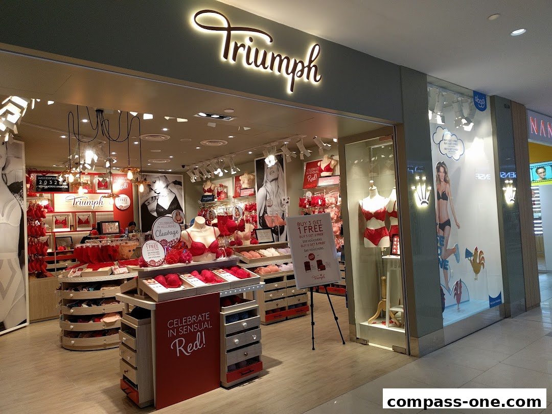 The Triumph lingerie shop displays red bras and underwear on mannequins and shelves.