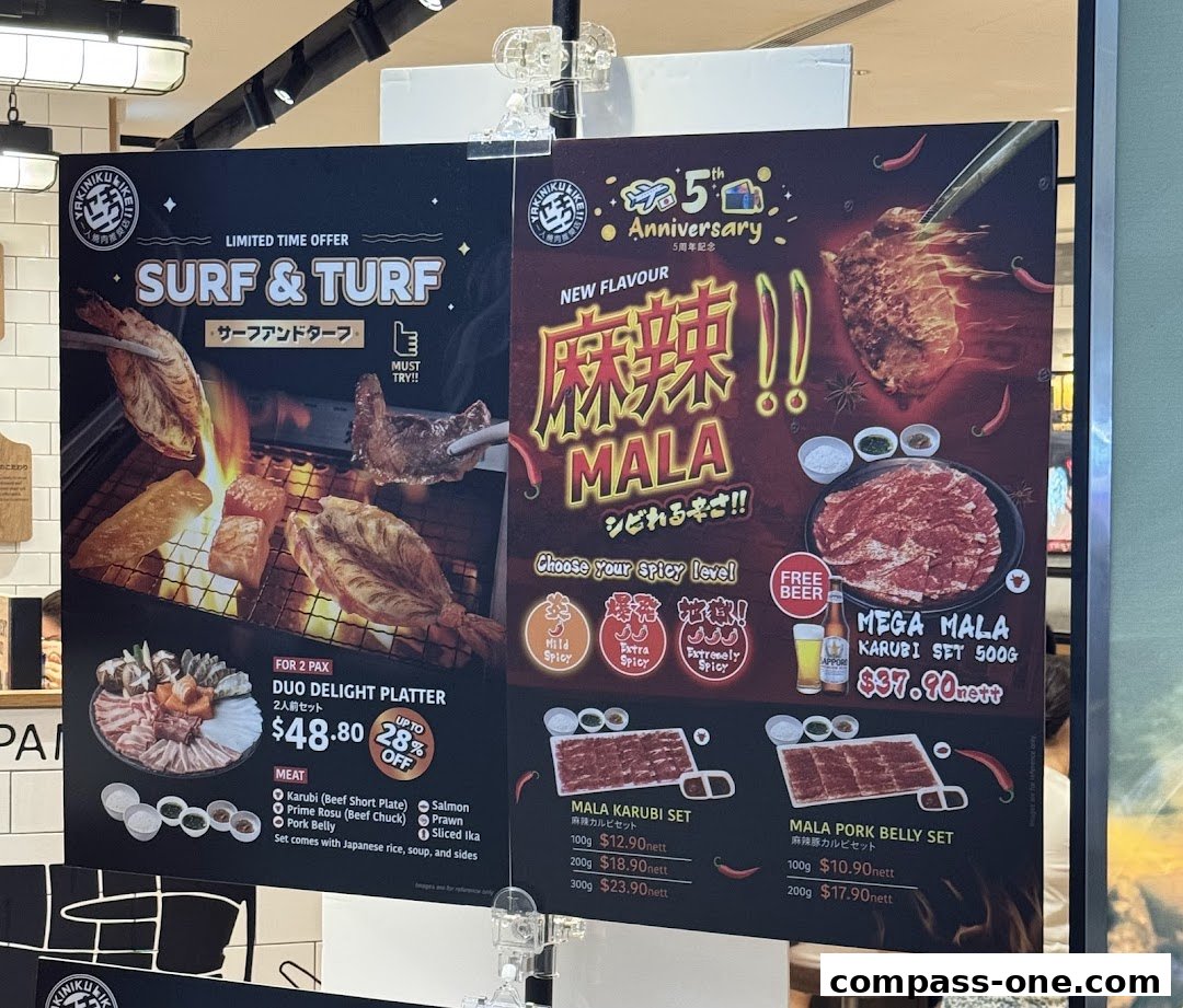 Promotional posters for Yakiniku Like featuring Surf & Turf and Mala flavored grilled meats.