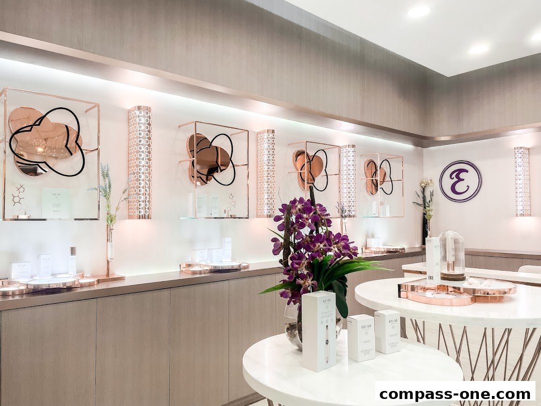 Interior view of Estetica Beauty shop showcasing skincare products and elegant decor.