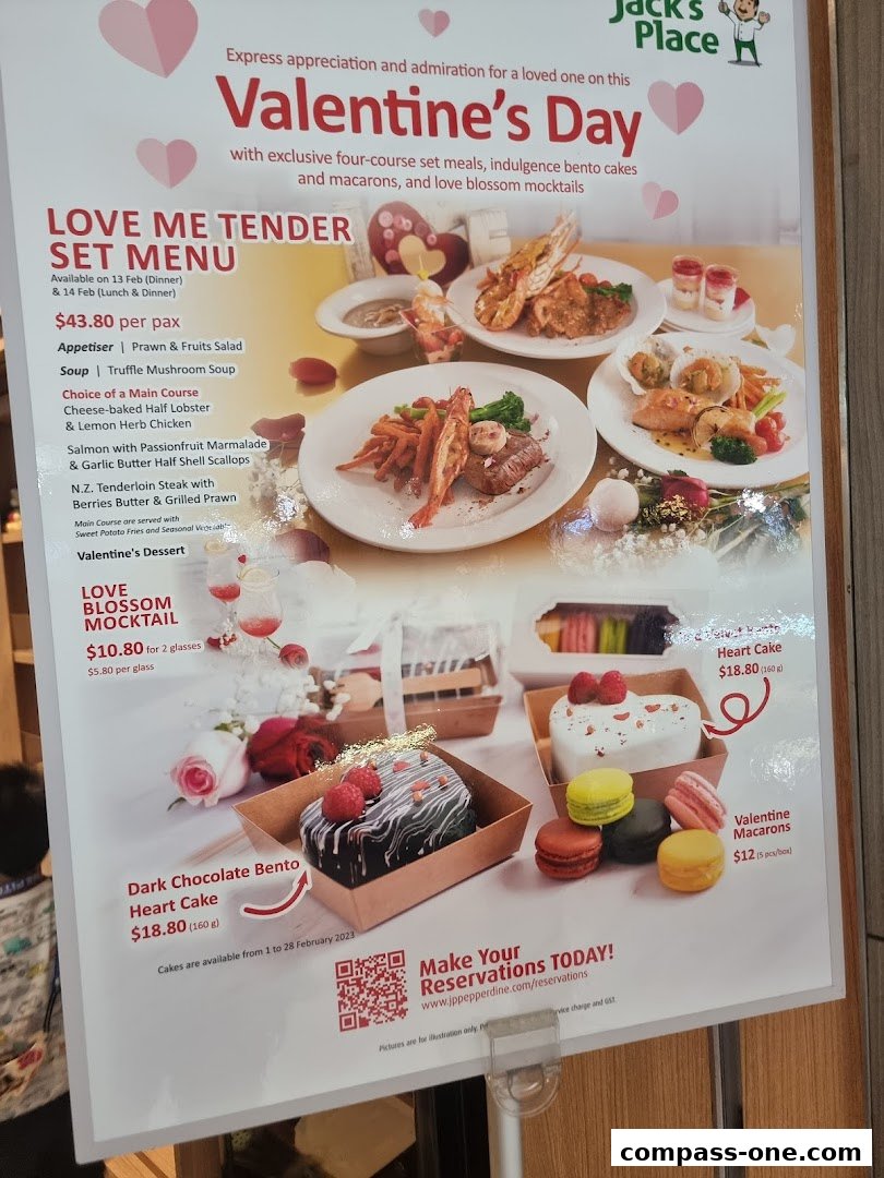 A Valentine's Day set menu from Jack's Place featuring a four-course meal, bento cakes, macarons, and mocktails.