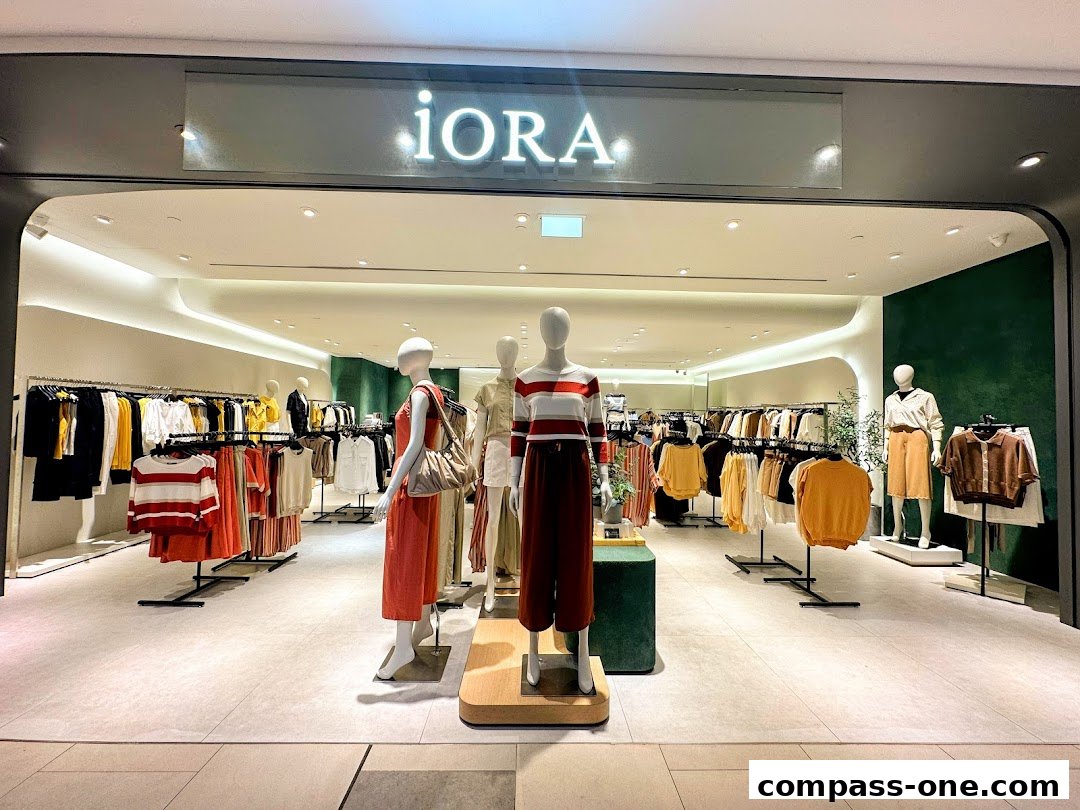 The entrance of the iORA clothing store, showcasing mannequins and racks of stylish apparel.