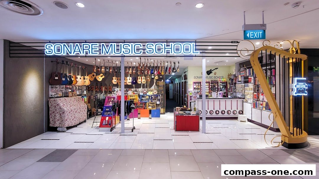 The entrance of Sonare Music School, showcasing guitars, violins, and a large harp.