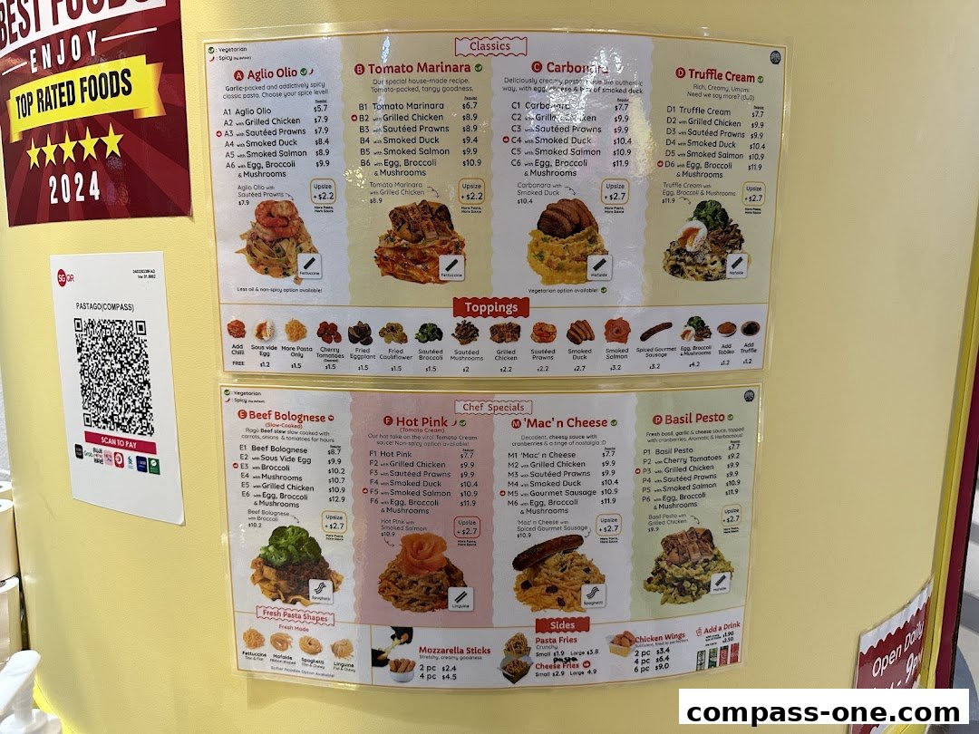 A menu board displaying various pasta dishes, sides, and drinks at PastaGo.