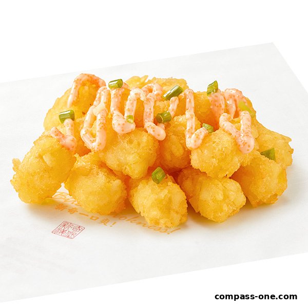 Crispy golden tater tots drizzled with creamy sauce and topped with chopped green onions.