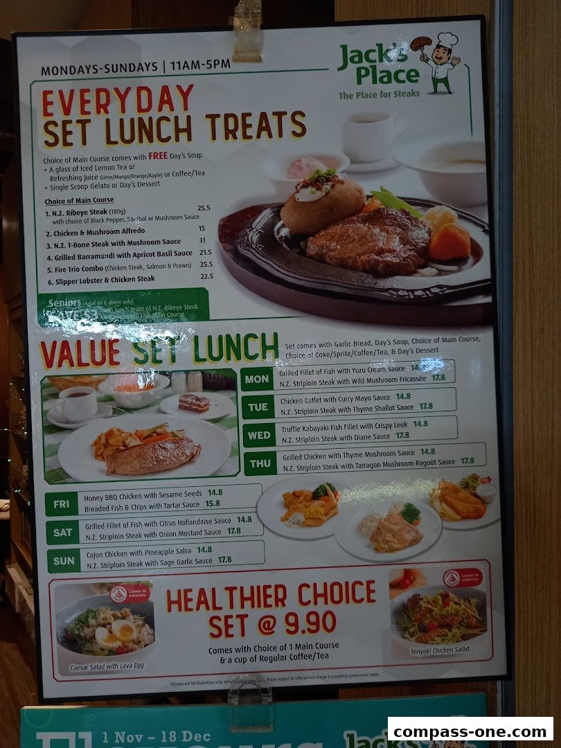 A menu board from Jack's Place featuring set lunch deals and healthier choices.