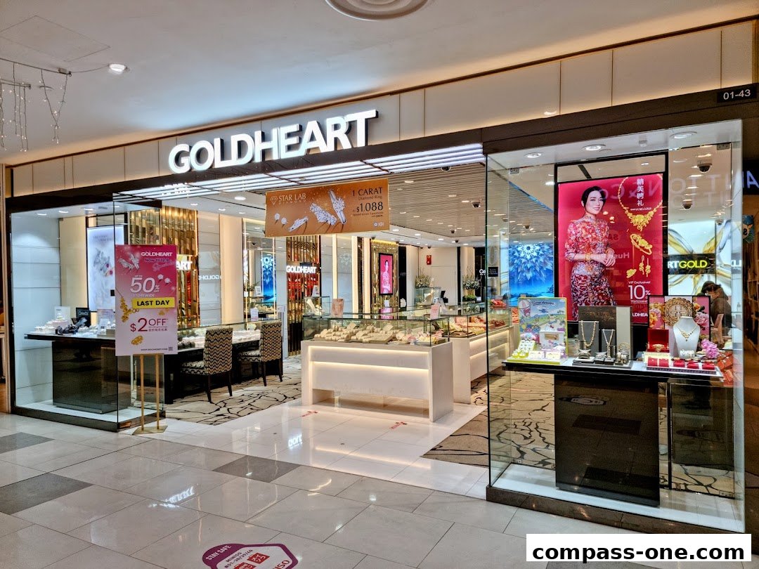 The Goldheart jewelry store features a well-lit interior with displays of necklaces, rings, and other fine jewelry.