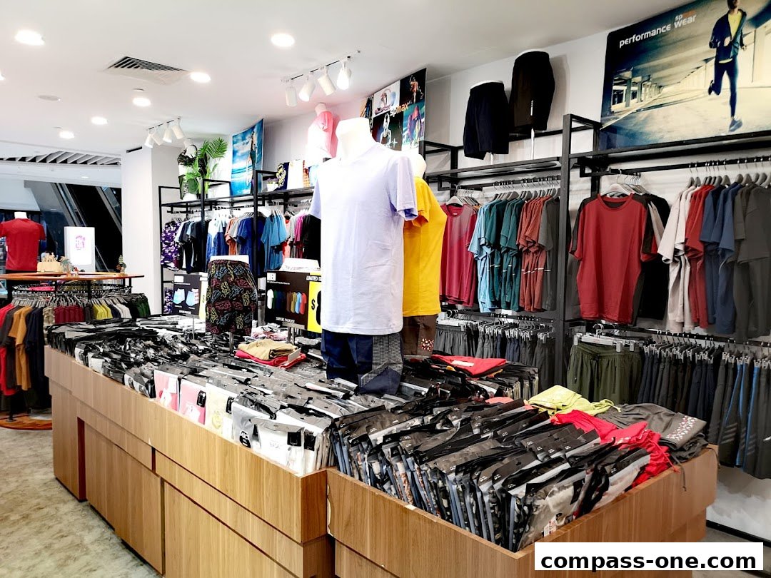 Interior view of a clothing store displaying various t-shirts, shorts, and activewear on racks and display tables.