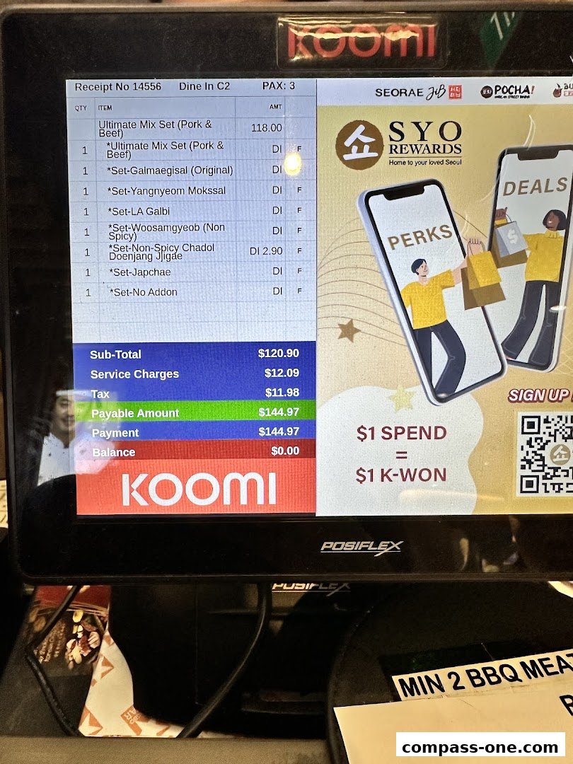 A receipt from SEORAE JIB showing a list of Korean BBQ items and a promotional offer.