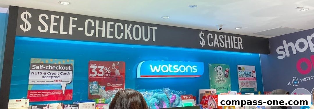 Watsons store interior with self-checkout and cashier signs, promotions, and products.