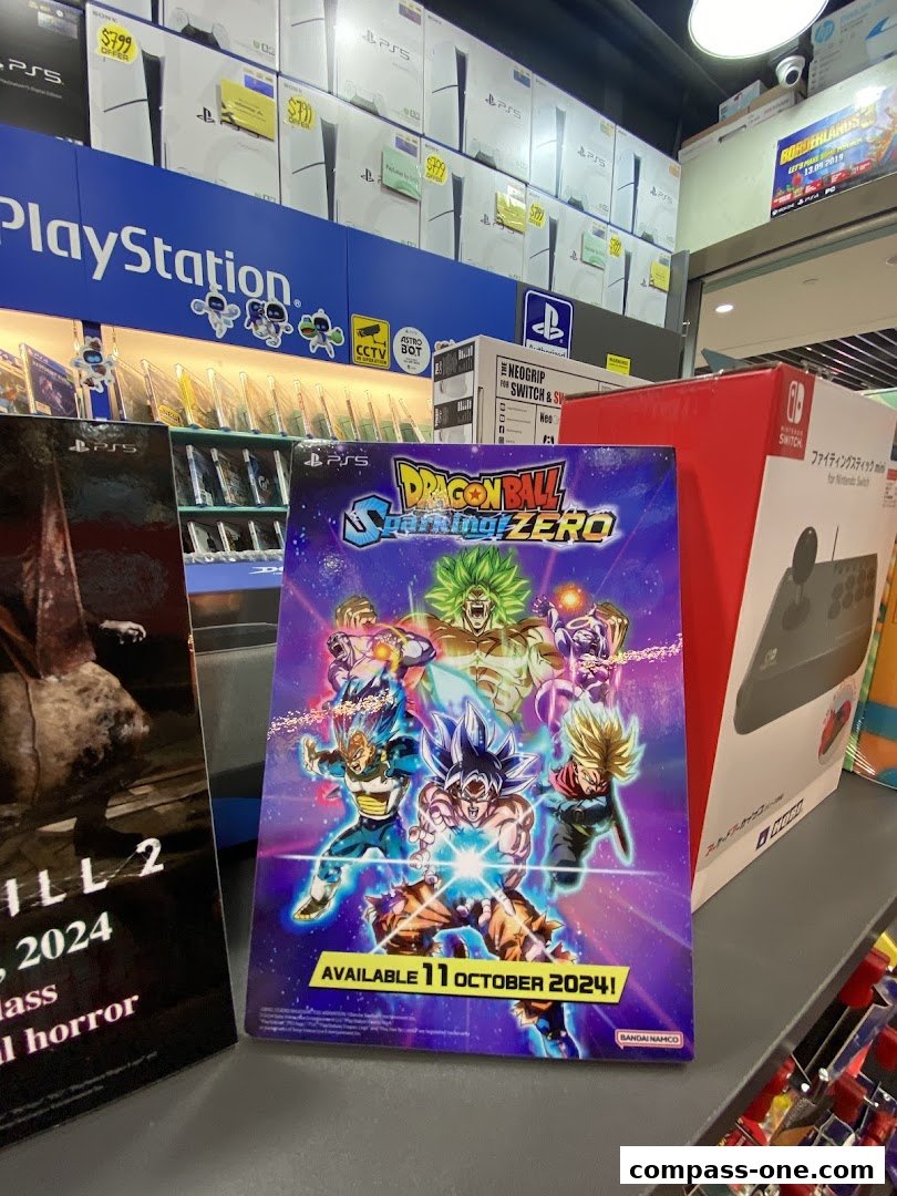 A display of video games and gaming consoles, featuring PlayStation and Nintendo Switch products.