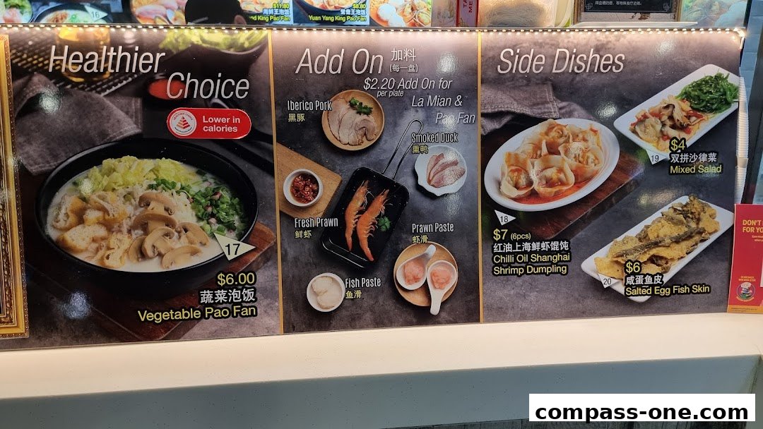 A menu board displaying various dishes including a healthier choice, add-ons, and side dishes.