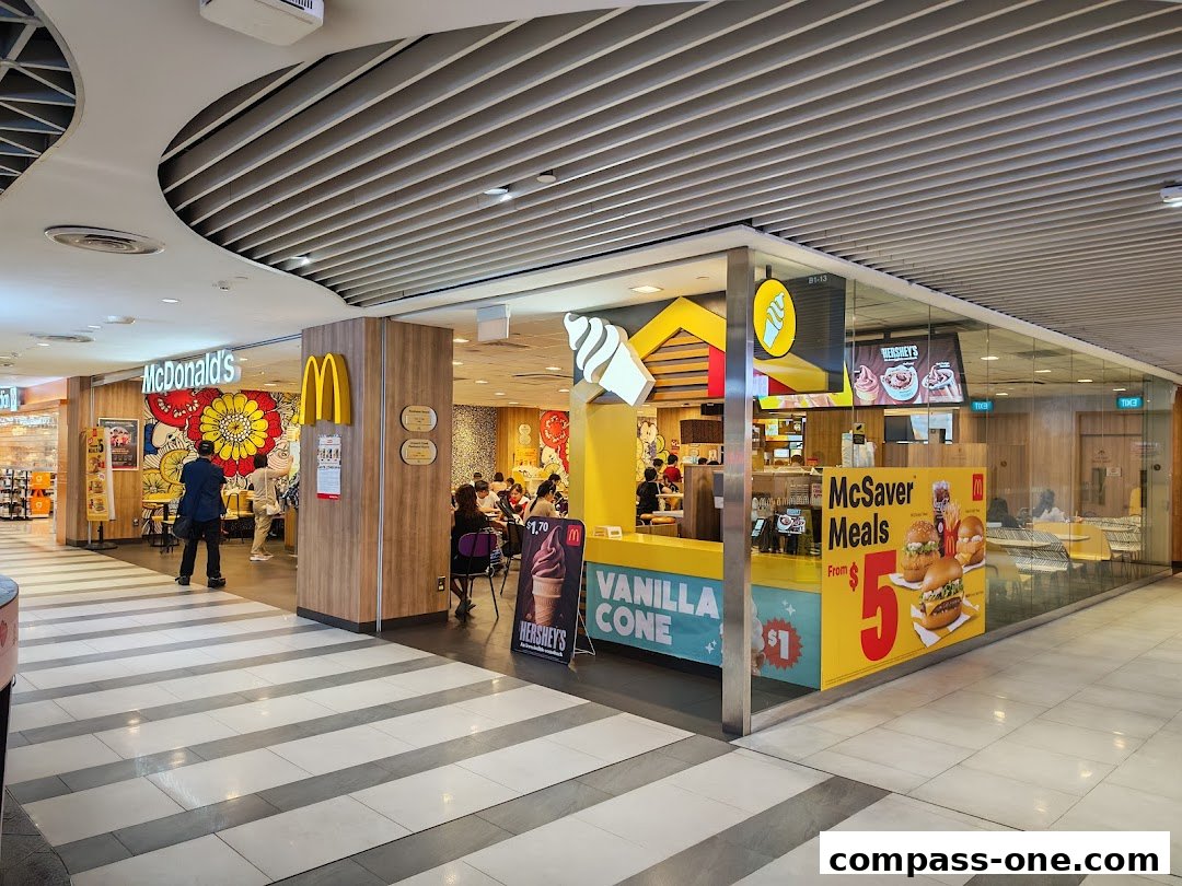 Exterior view of a McDonald's restaurant with a bright yellow and red color scheme and seating area visible.