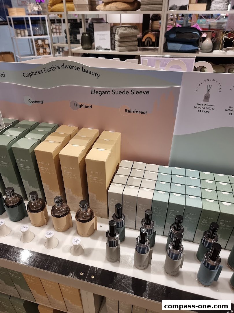 A display of HOOGA reed diffusers and fragrance bottles in various scents and sizes.