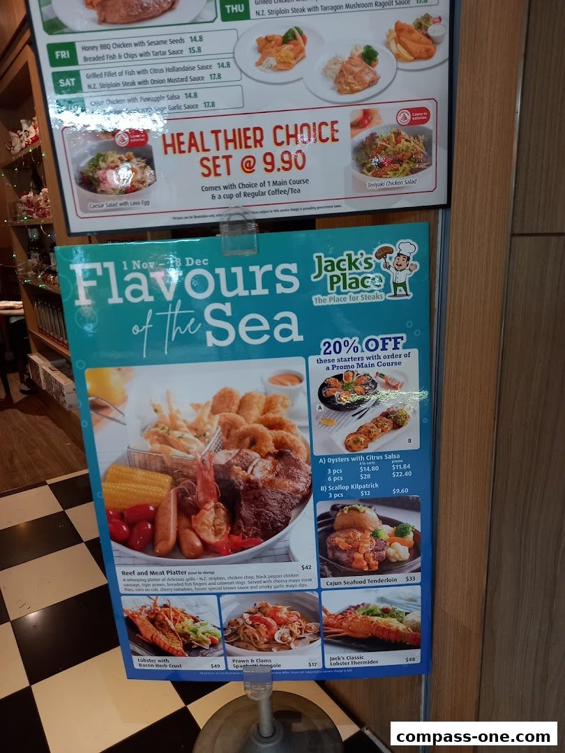 A menu board for Jack's Place featuring seafood and steak dishes, with a special offer.