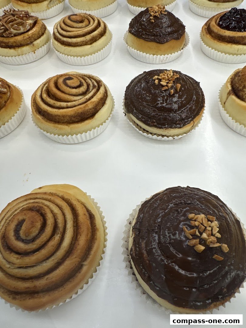 A close-up view of freshly baked cinnamon rolls with various toppings.
