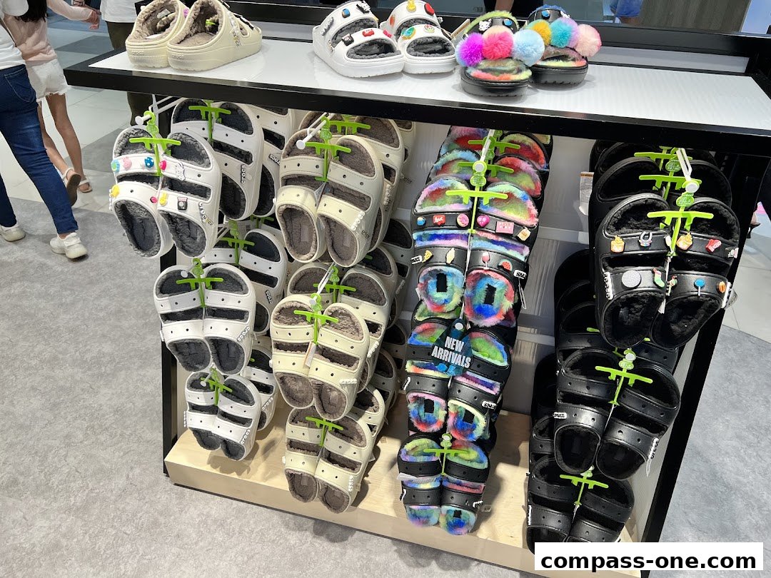 A display of various Crocs sandals, including fuzzy-lined styles and colorful, Jibbitz-decorated options.
