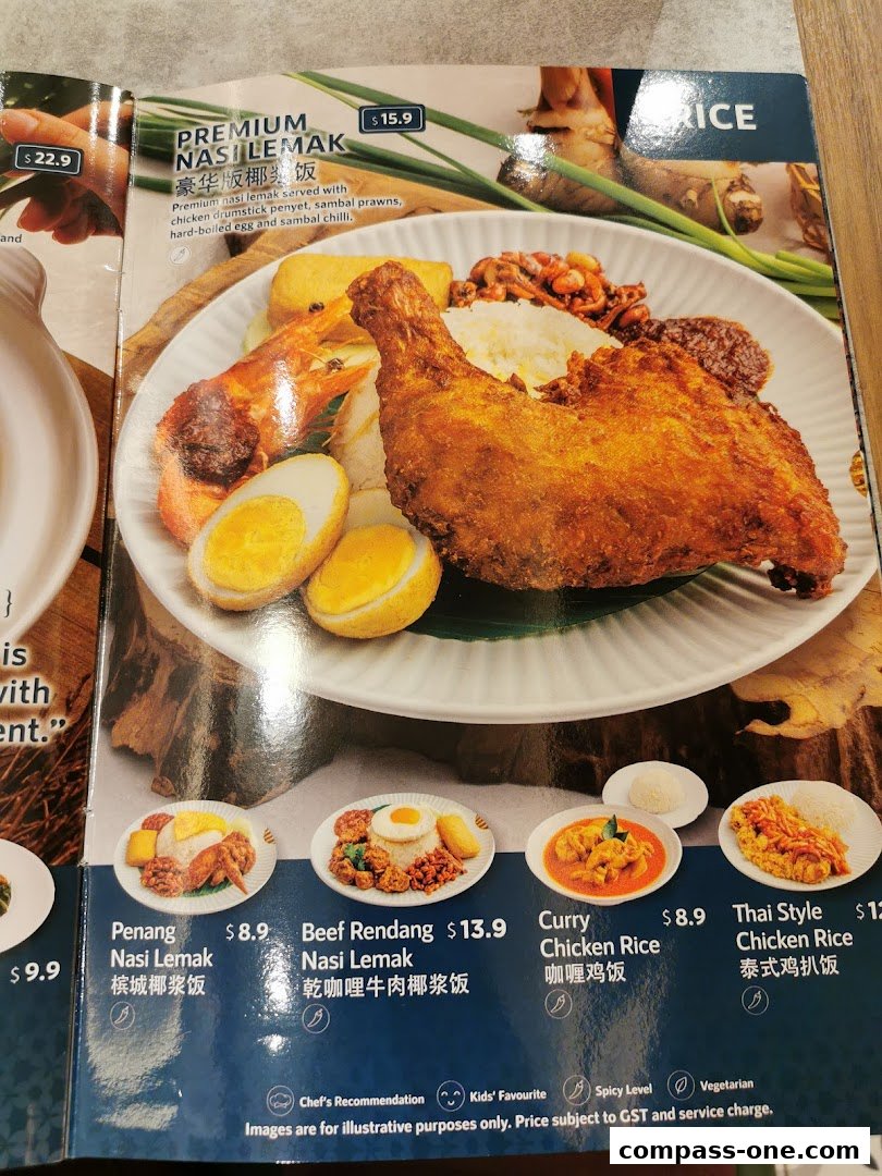 A menu featuring various Malaysian dishes, including Nasi Lemak and Curry Chicken Rice.
