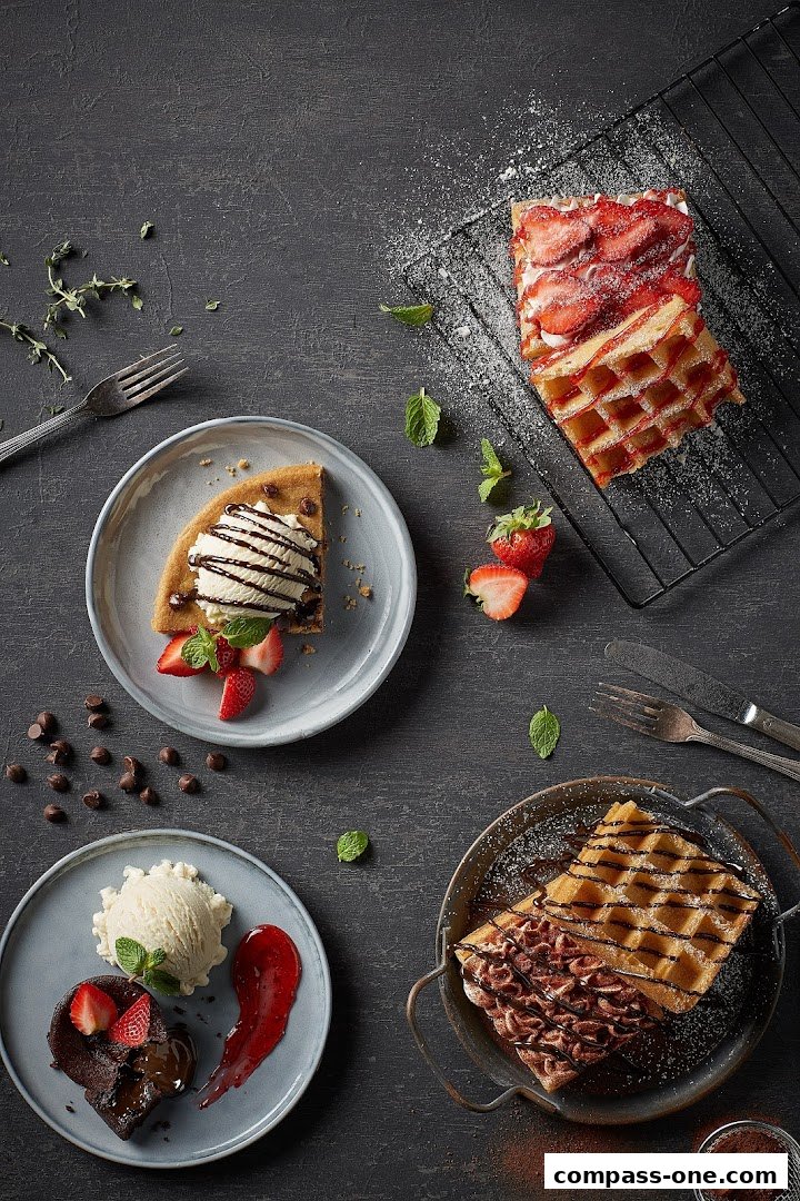 A top-down view of four delicious dessert plates featuring waffles, ice cream, and chocolate lava cake.