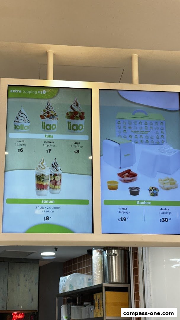 A digital menu displaying various frozen yogurt options and prices from llaollao.