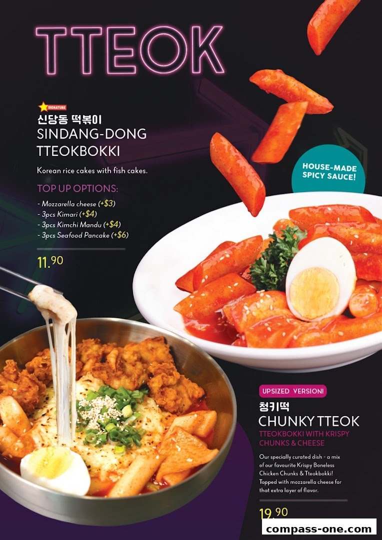 A menu showcasing Sindang-dong Tteokbokki and Chunky Tteokbokki with crispy chunks and cheese.