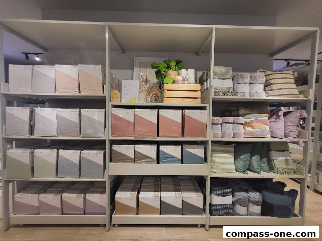 Shelves filled with packaged bedding, pillows, and throws in various colors and patterns.