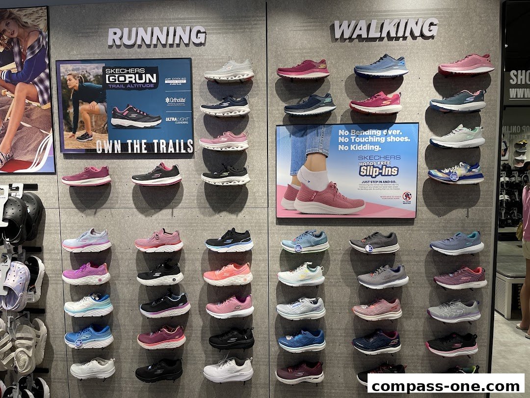 A wall display showcasing Skechers running and walking shoes, with promotional posters.