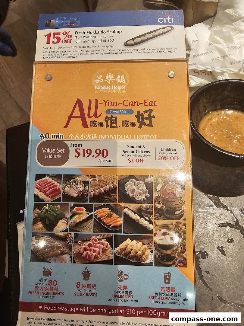 A menu for Paradise Hotpot featuring an all-you-can-eat individual hotpot offer.