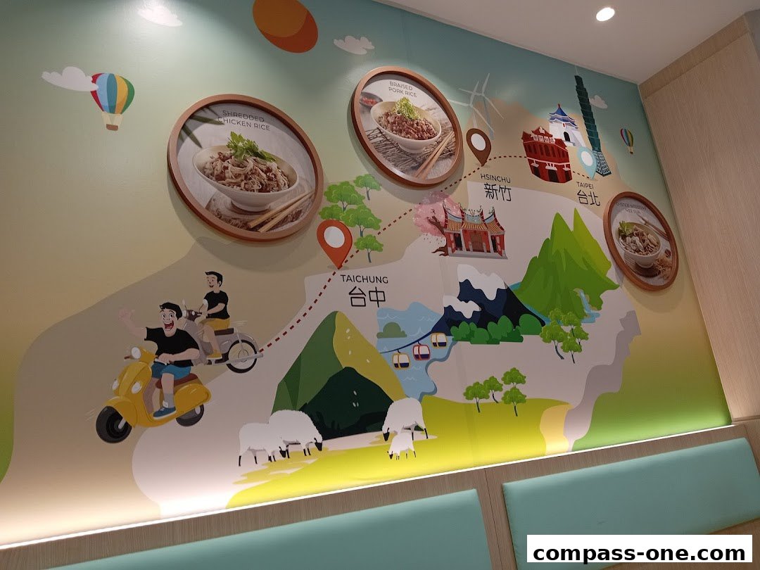 A colorful mural depicting a map of Taiwan with food items and scenic landmarks.