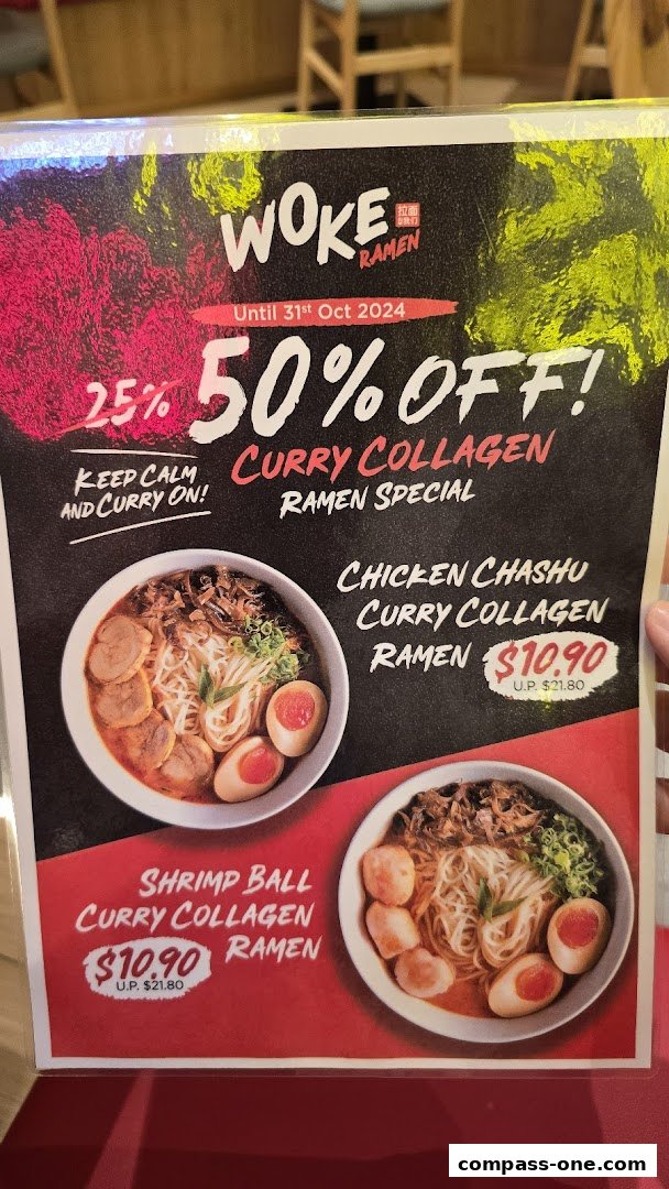 A promotional flyer for Woke Ramen featuring a 50% off special on Curry Collagen Ramen.