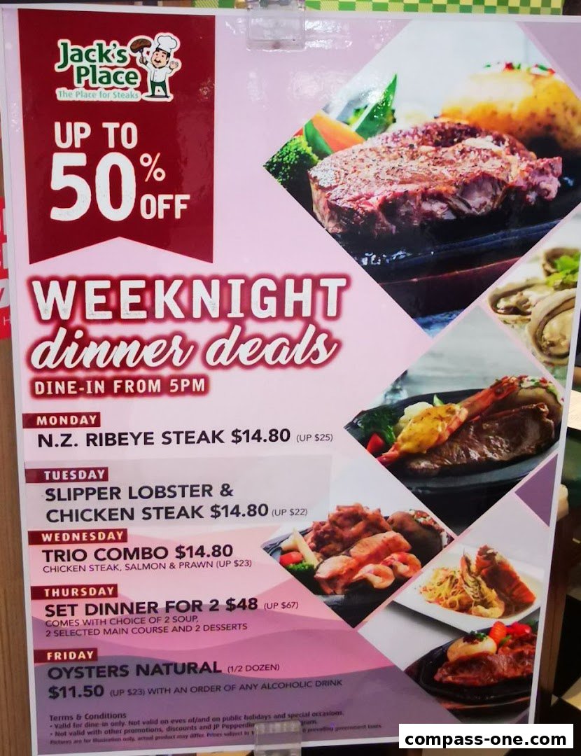 A promotional poster for Jack's Place Weeknight Dinner Deals with various meal options and prices.