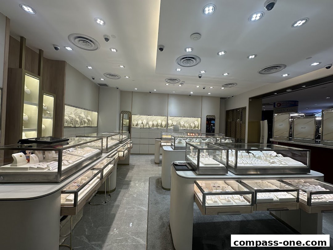 Interior view of a well-lit jewelry store with display cases filled with necklaces and rings.