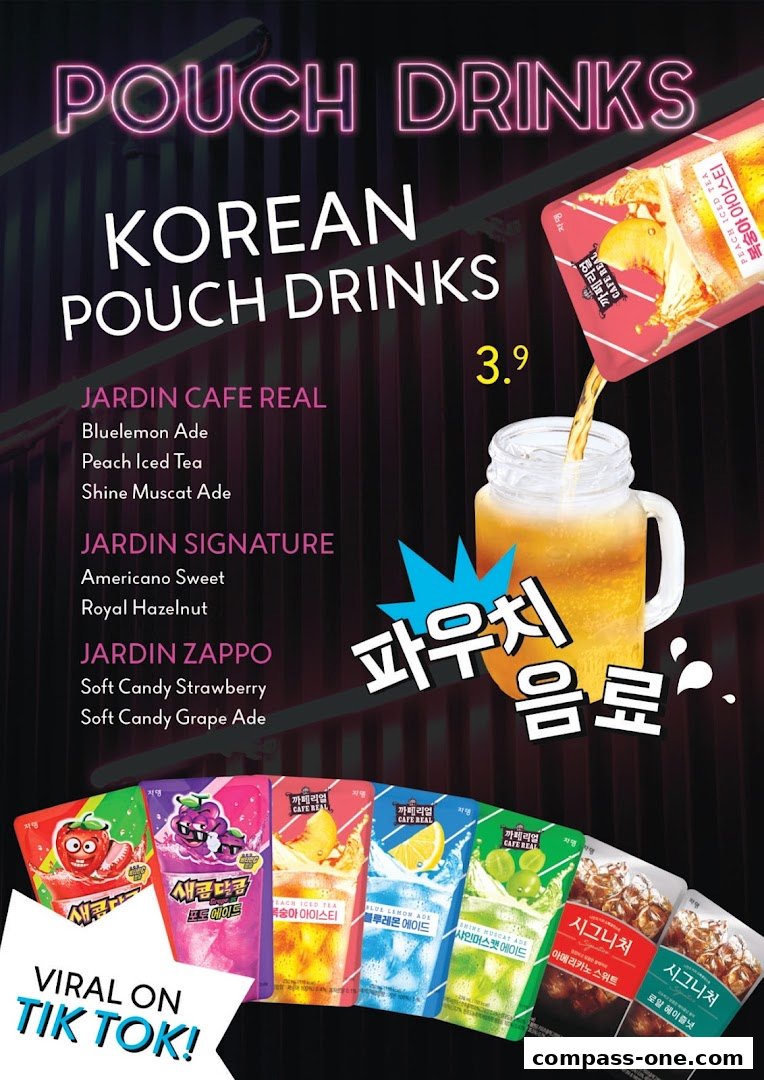 A vibrant advertisement showcasing various Korean pouch drinks with their names and flavors.