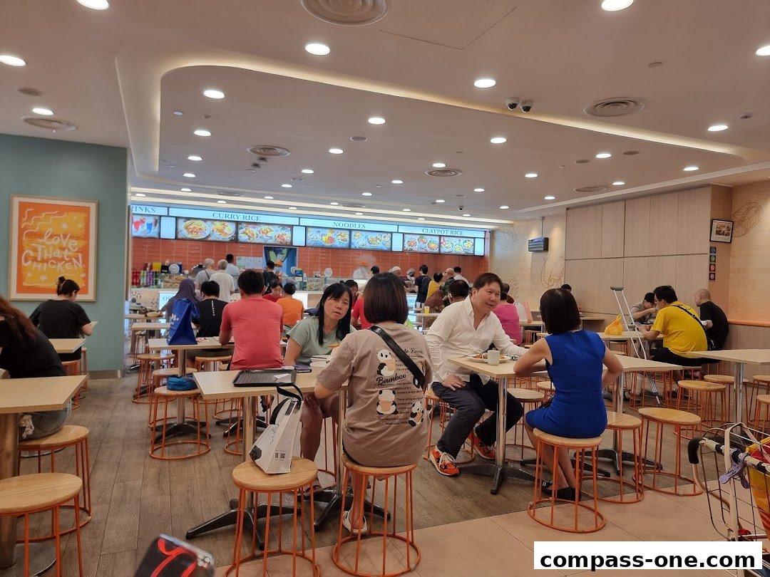 People dining at tables inside a busy restaurant with a menu board visible.