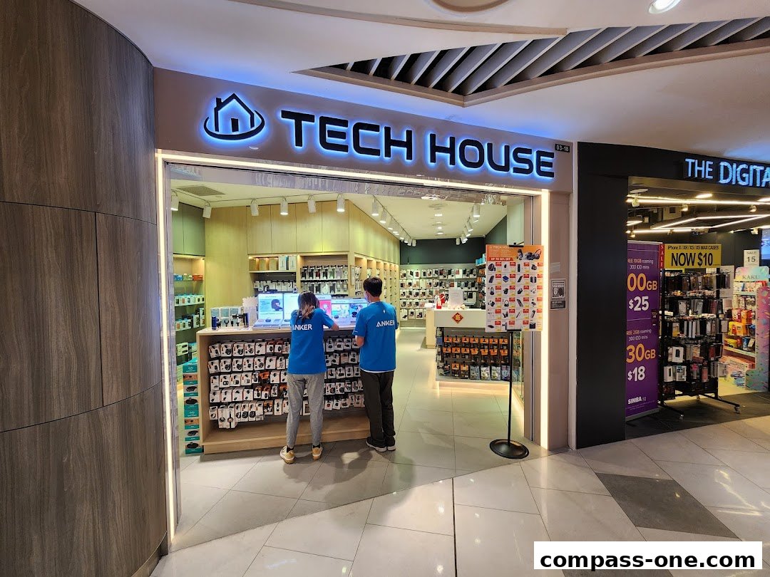 The entrance of Tech House, a store selling mobile accessories, with staff assisting customers.